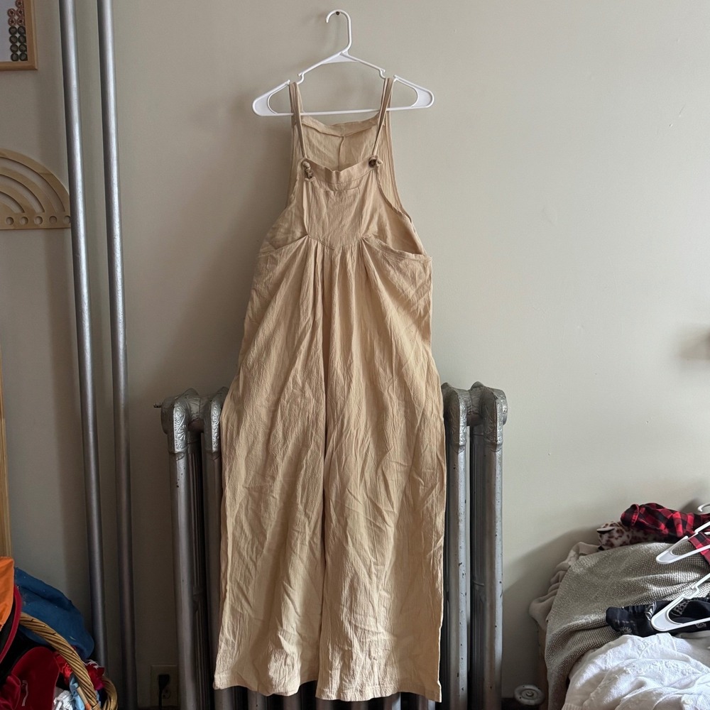 Wide Leg Jumpsuit Tan Sleeveless Button Strap Casual Summer Romper 100% cotton